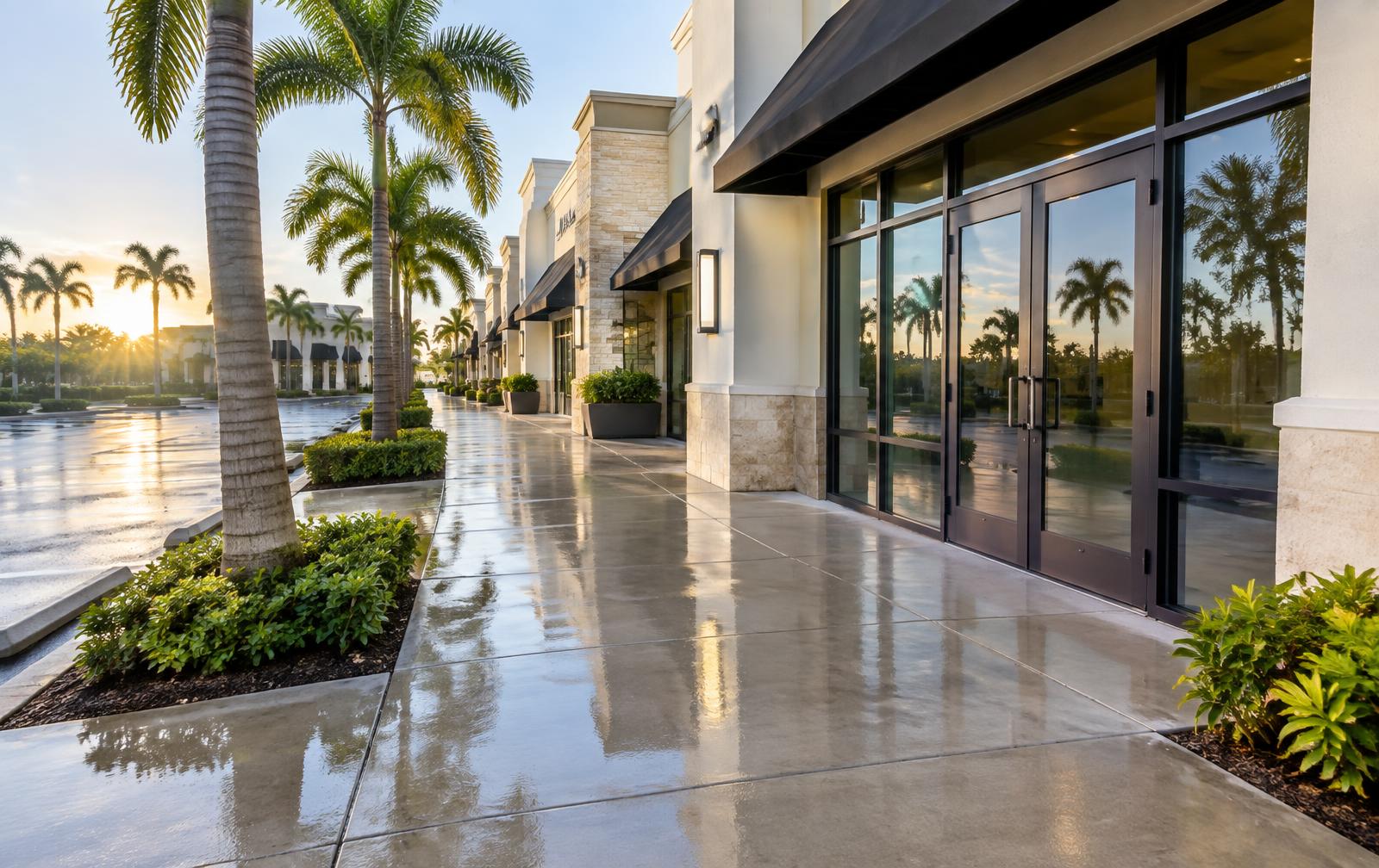 Freshly cleaned sidewalk in front of a South Florida commercial plaza
