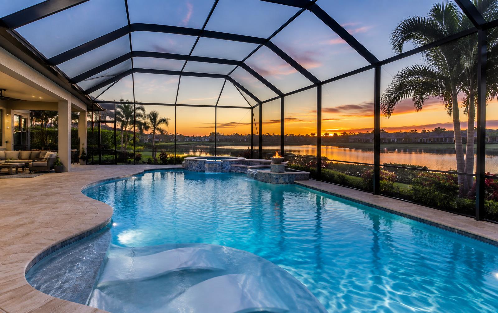 Screened pool enclosure over a luxury Florida pool at dusk